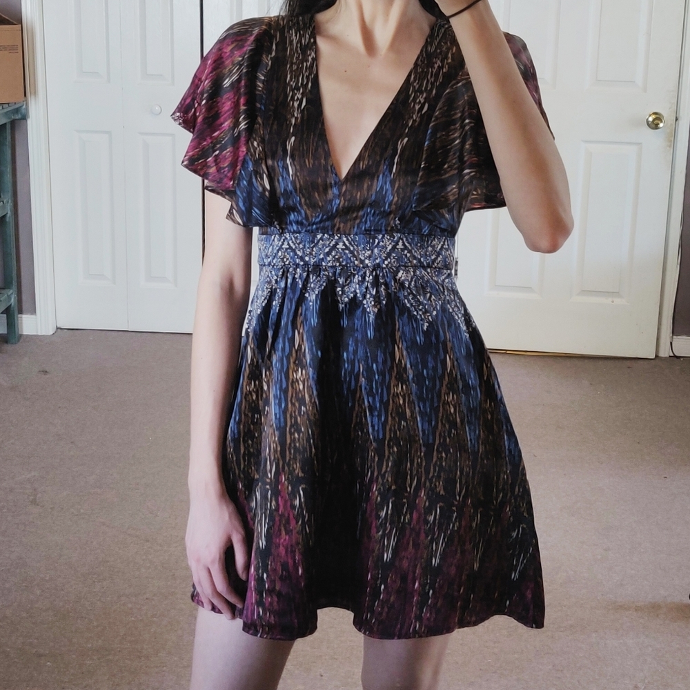 Silk fit and flare flutter sleeve mini dress